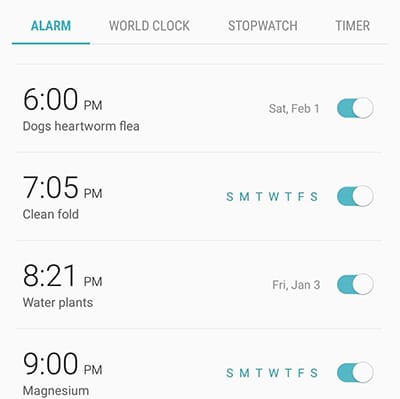Screenshot of phone alarms