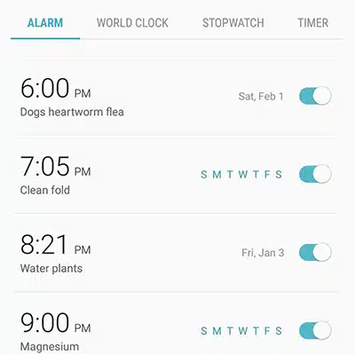 Screenshot of phone alarms