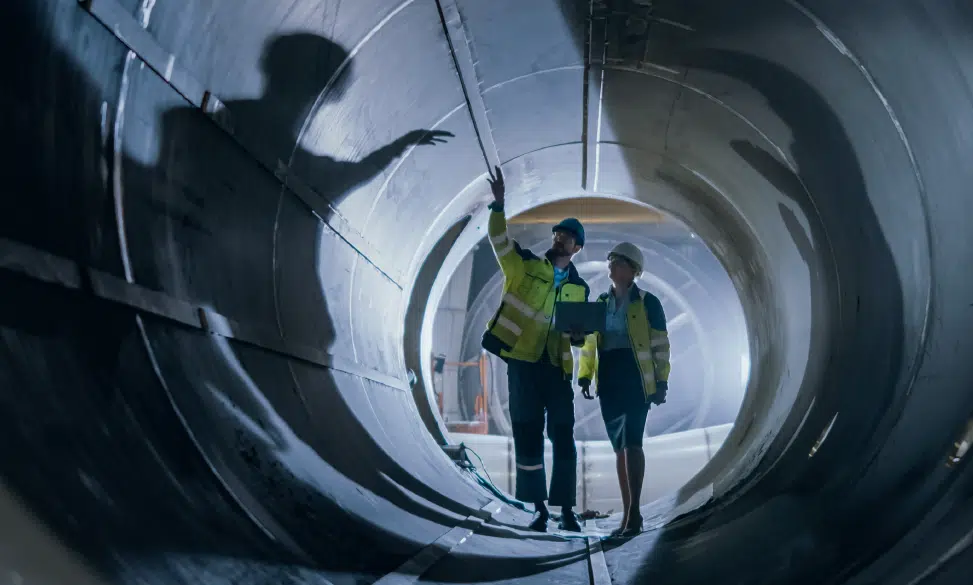 Two Engineers walking inside pipe examining it