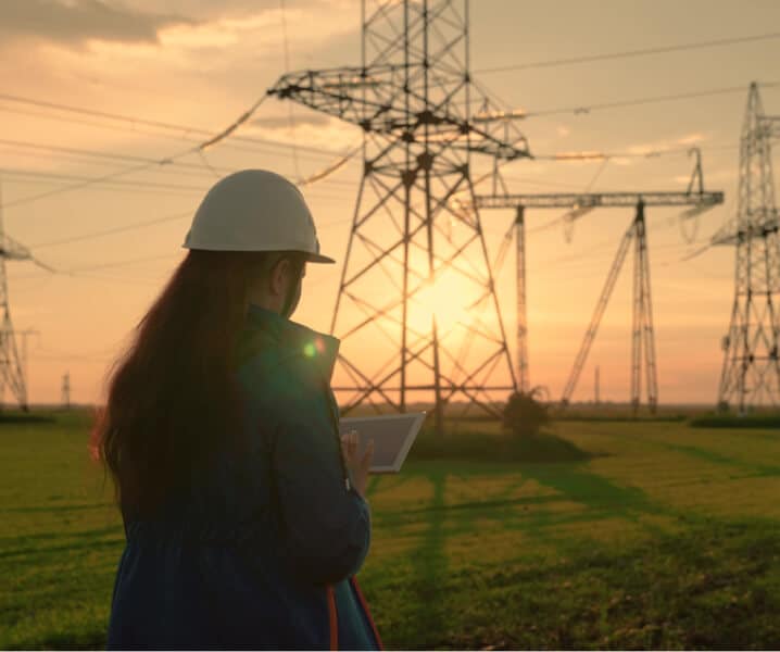 Woman working on transmission and distribution with power in the background