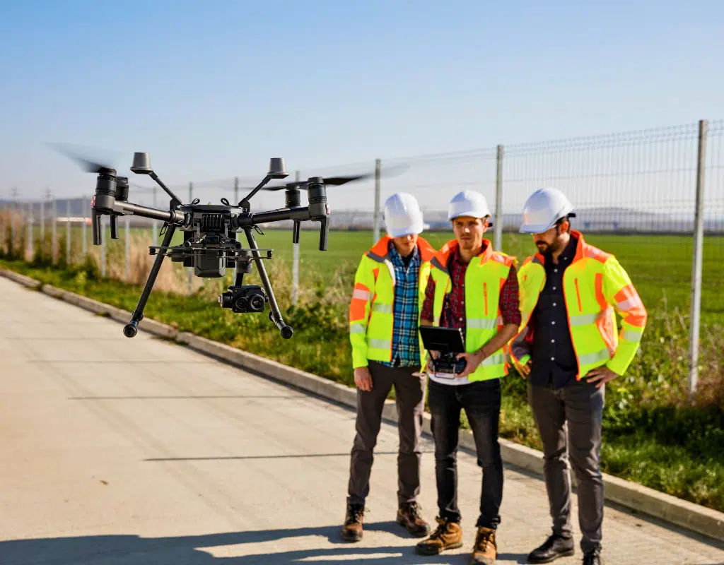 Engineers flying drone